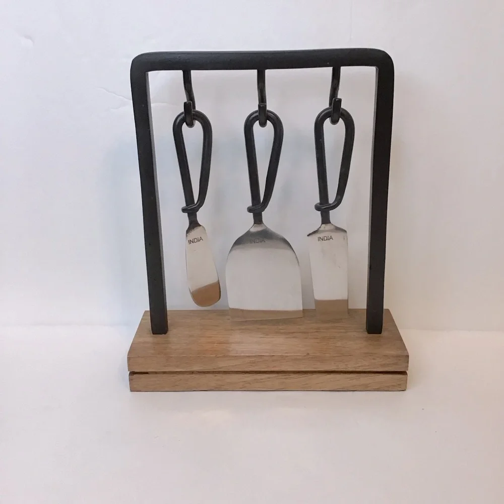 POTTERY BARN Charcuterie Cheese Board Knife Wood Wrought Iron Stand 4 Piece Set